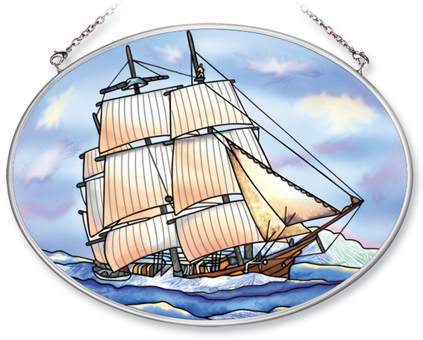 AMIA 5857 Hunter Heading Out Medium Oval Stained Glass