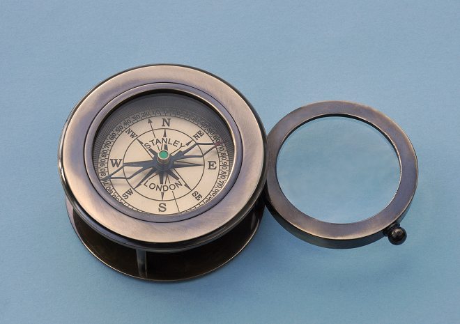 Stanley London Antique Patina Desk Compass with Swivel Magnifier