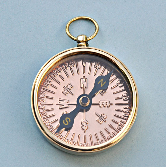 Small Polished Brass Open Faced Pocket Compass with Copper Compass Rose